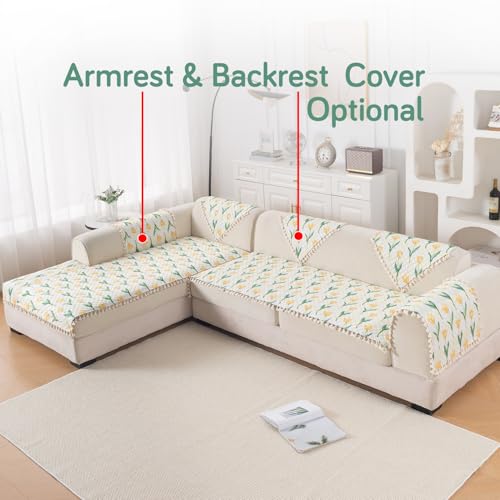 Image of HOKIPO Tulip Blossom L Shape (2+2 Seater) Sofa Seat Mat with Tassel| Quilted Sofa Cover Mat, 'Tassel Twigs' Series (IN-983-T4 + IN-984-T4)