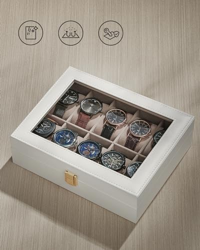 Image of SONGMICS Watch Box With 12 Slots, Glass Lid, Removable Pillows, Metal Clasp, Gift Idea - Cloud White Synthetic Leather, Cappuccino Beige Lining JWB120W01