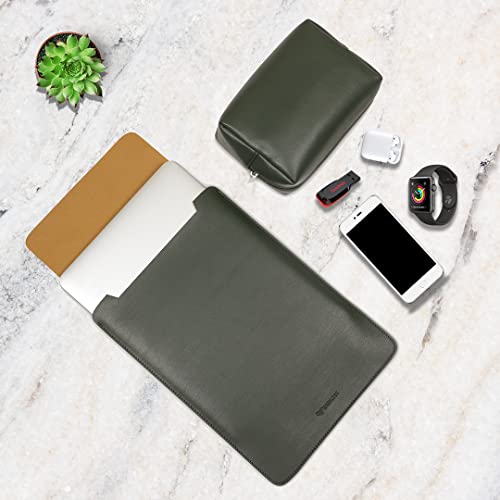 Image of Enthopia 15-15.4 Inch Slim Laptop Sleeve for 15 Inch MacBooks /Other 15 Inch Slim Laptops Protective Cover with Organiser Pouch for Mouse,Charger,Hard Disk,Pen Drive,etc - Vegan Leather (Olive Green)