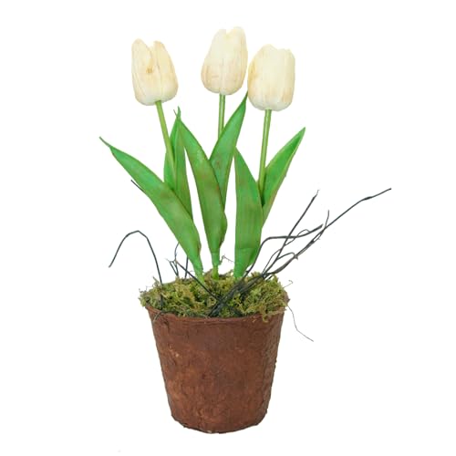 Tulips Artificial Flowers Fake Tulipanes in Pot for Decoration Silk Real Touch 12 Primitive Tulips Faux Plant Moss with Vase Spring Easter Home Decor Aesthetic White