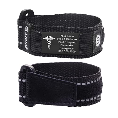 Linnalove Sport Medical Alert Bracelets With Reflective Strip Black Nylon Medical Id Bracelets For Men With Free Engraving Adjustable 6.5-8.5 Inches #TOP27