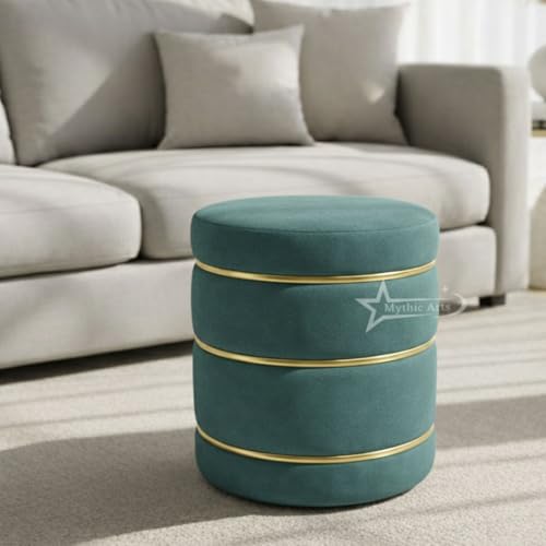 Image of Wooden Puffy Round Footstool and Ottoman Stool for Living Room Furnishings, Sitting Pouffe Ottoman Stool, Office Stool, and Room Decor Aqua