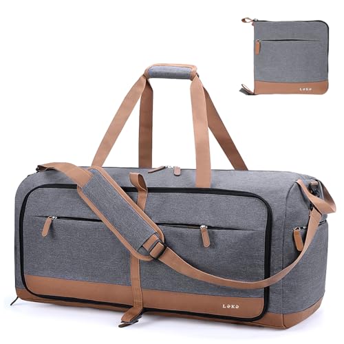 Image of Lekesky Foldable Travel Duffel Bag for Women, 80L Large Duffle Bag with Separate Shoes Compartments & Straps, Carry On Weekend Bag for Women, Hospital, Overnight(Grey)