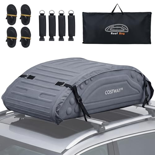 COSTWAY 14 Cubic Feet/400L Car Roof Bag Waterproof Foldable Roofing Cargo Carrier with 4 Reinforced Straps Anti-Slip Bottom & Storage Bag Soft-Shell Rooftop Luggage Storage Box for All Cars (Grey)