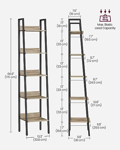 Image of VASAGLE Bookshelf, 5-Tier Narrow Book Shelf, 11.8 x 13.3 x 66.9 Inches, Ladder Shelf for Home Office, Living Room, Bedroom, Kitchen, Camel Brown and Ink Black ULLS109B50V2