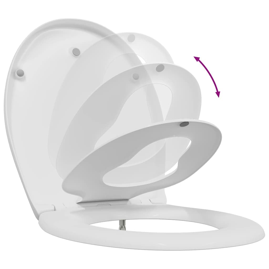 Mangloder - Asiento de inodoro de duroplast blanco de 47 x 37 cm con cierre suave y cierre rápido para cuarto de baño, ovalado con doble tapa para familias, fácil montaje, higiene y sustitución