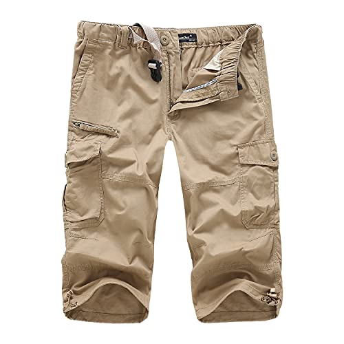 LUI SUI Pantalones Cortos de Carga 3/4 elásticos Militares Casuales para Hombres Pantalones Cortos de Verano Capri con múltiples Bolsillos Sueltos