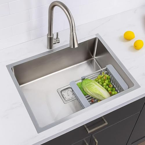Image of EVANEX Handmade Single Bowl Kitchen Sink - 22x18x10 inches|304 Stainless Steel Sink with Matte Finish| Kitchen Sink Including Coupling, Waste Pipe & Fruit Washing Basket|Sink for Kitchen Basin
