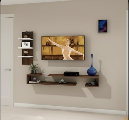 Image of Bros Moon Wall Mounted TV Cabinet, Choco White, MDF, Modern Style, Laminated Finish, for Living Room, Suits TV up to 40 Inches (Wenge White, Dual J 36 Inches Base)