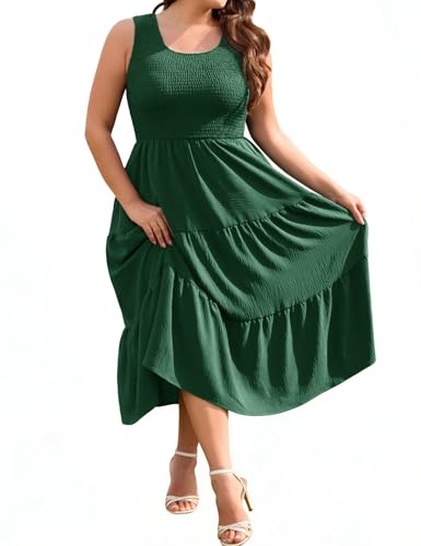 PASUDA Vestidos Verano Mujer Sin Mangas Tallas Grandes Vestido Largo Cuello Cuadrado Elástico Cintura Alta Midi Vestido Elegante de Playa Casual Fiesta Invitada Boda XL-4XL (Verde Oscuro, 4XL)