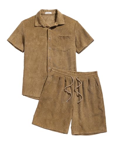 Image of ZAFUL Men's 2 Pieces Sets Outfits Summer Beach Set Short Sleeve Button Down Zip Up Shirt And Short Sets
