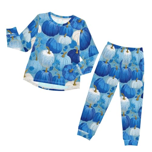 Autumn Blue White Pumpkins Soft Pajama Set for All Seasons,Breathable Pjs Long Sleeve Sleepwear,Comfy Loungewear 2 Piece Underwear Set 8T