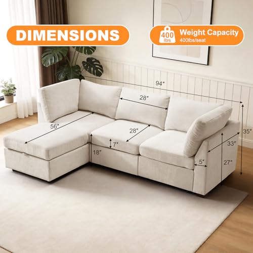 Image of TEKAMON 94 inch L Shaped Modern Sofa Modular Sectional Couch with Ottoman, 4-Seat Chenille Deep Seat Sofa for Living Room, Bedroom and Apartment, Beige