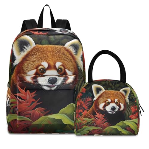 Backpack Lunch Box Set Large Capacity Travel Backpacks and Insulated Lunch Bag for Commute Hiking Picnic Cute Red Panda Print