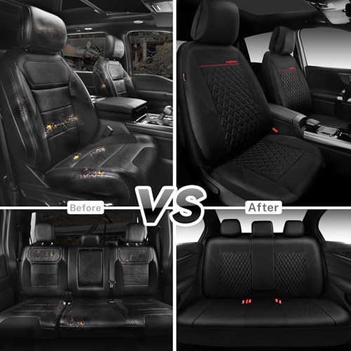 Image of CAR PASS Quilting Faux Leather Seat Covers Full Set, Waterproof Deluxe Premium Seat Cover with 5mm Composite Sponge Inside, Airbag Compatible Auto Seat Cover Universal Fit for 95% Sedan SUV Van, Black