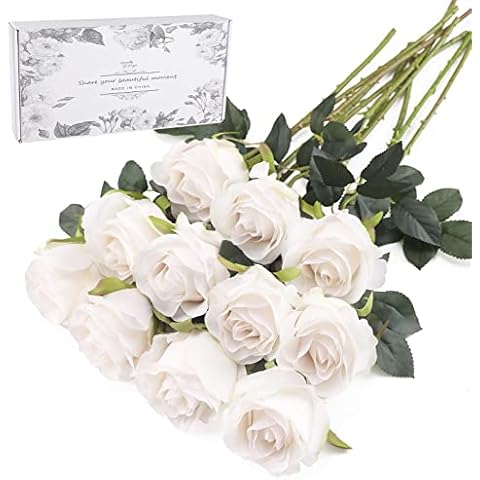 Hawesome Artificial Flowers 10 PCS Silk Roses with Long Stems Faux Realistic Roses for Wedding Bouquets Table Centerpieces Party Home Decor(White) Cover