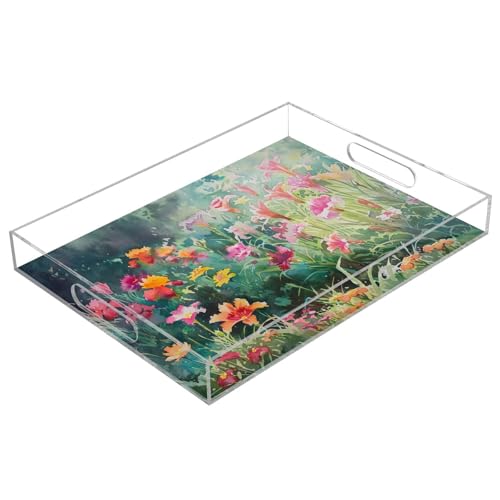 BOESI Watercolour Colourful Flower Pattern Acrylic Decorative Dining Tray, Acrylic Decorative Tray Organizer with Handle for Kitchen, Dining Room, Bathroom, Dresser