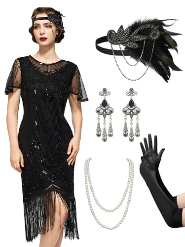 SWEETV 20er Jahre Kostüm Damen, Gatsby Kleid Damen mit 20er Jahre Kleid Accessoires,Charleston Flapper outfit,schwarz,X-groß