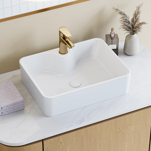 HOROW Aufsatzwaschbecken Rechteckig 48x37x13 cm - Weißes Keramik-Waschbecken mit Hahnloch für Bad klein Gäste-WC - Leichte Reinigung, Platzsparend, Modern