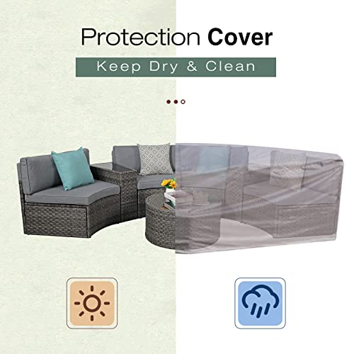 Sunsitt Outdoor Patio Furniture Sectional 7-Piece Half-Moon Curved Outdoor Sofa Set With Round Coffee Table, 4 Pillows & Waterproof Cover, Grey Rattan #TOP5