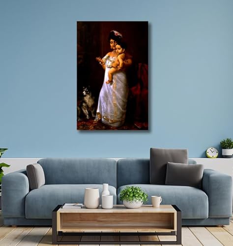 Image of Sikhash Raja Ravi Varma Painting | There Comes Papa | Classical Indian Vintage Portrait Famous Artist Painting for Home Decor 35X23 Inches Unframed.