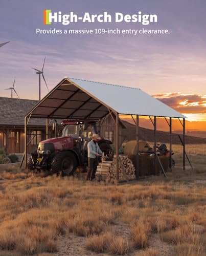 Image of Garvee 20x20x14 ft Metal Carport Kit, Vertical Roof Car Port for 2 Cars | 120 Steep-Pitch Roof for Snow Shedding / 173 inch High-Clearance RV & Tractor Shelter / Heavy-Duty Reinforced Frame