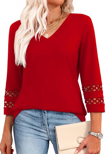 3/4 Length Sleeve Womens Tops V Neck Red Blouses for