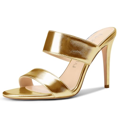 Image of NobleOnly Womens Round Open Toe Heeled Sandals Two Strap Stiletto High Heel Sandals Backless Dress Slip-on Mules Sandals 3.9 Inches Heels
