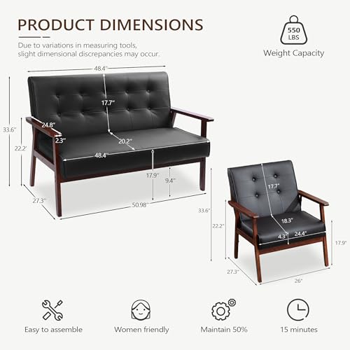Image of JIASTING Wooden Loveseat Sofa and Accent Chair Set of 2, Office | Mid Century Modern, Tufted Backrest, Leather, 3 Pieces Living Room Furniture Set