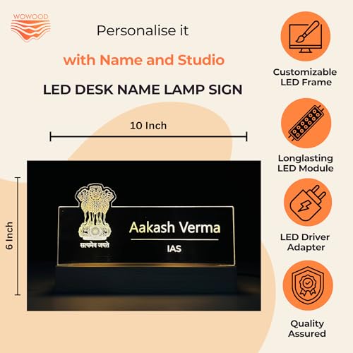 Image of WOWOOD Personalized LED Desk Name Plate for IAS Officer Custom Acrylic Name Sign with Satyamev Jayate Emblem Office Table Decor Light, Civil Services Gift for Men Women (10 x 6 inch) (For IAS Officer)