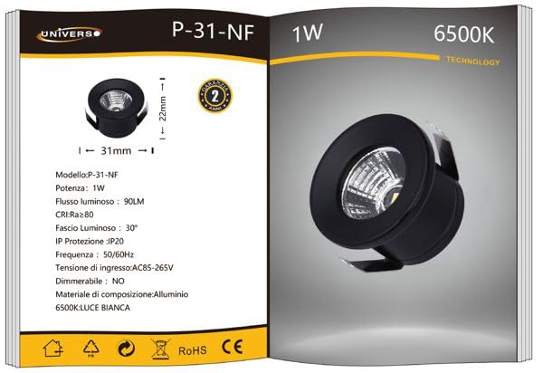  Generico Punto luce led faretto da incasso rotondo nero 1W luce calda naturale bianca 3cm trasformatore incluso (luce naturale)