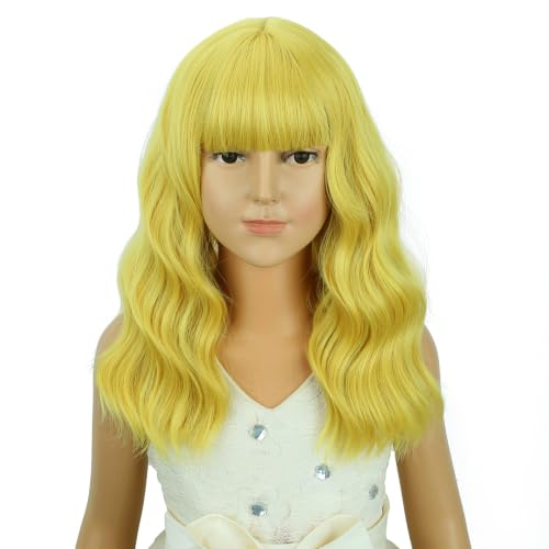 Image of Golden Blonde Wig Short Blonde Wavy Curly Wigs Wig with Air Bangs Synthetic Cosplay Hair Wigs