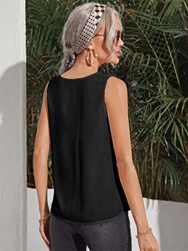 Milumia Womens Elegant V Neck Work Office Pleated Tank Top Shirt (B Black, Medium, Sleeveless) #TOP1