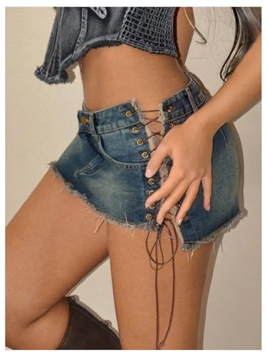 WDIRARA Women's Lace Up Side Bodycon Denim Mini Skirt Y2k Low Rise Frayed Hem Jean Skirts2