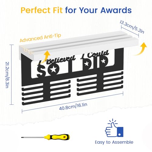 Image of Medal Holder Display Trophy Shelf Organizer, Sturdy Wooden Race Award Hanger Rack with 25 Steel Hooks, Wall Mount Storage Stand for Sports Fans, Cheer Success