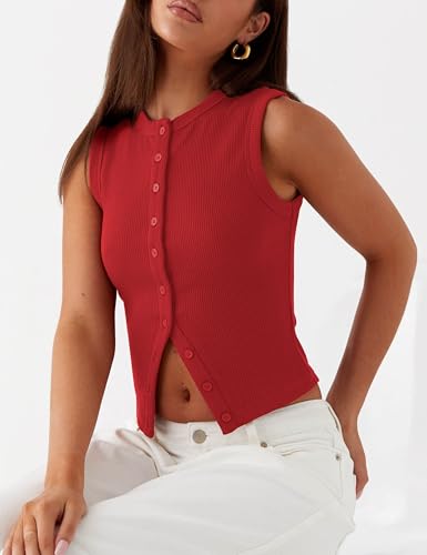 Image of Bozanly Womens Button Down Ribbed Tank Top Summer Sexy Sleeveless Slim Fit Y2k Crop Going Out Tops(0947-Red-XS)