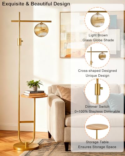 Image of Lightdot 66IN Gold Dimmable Floor Lamps with Table, Modern Standing Tall Lamp with Brown Globe Glass Shade, Cross-Shaped Head and U-Pole Base for Living Room /Sofa Beside /Corner Decor(Bulb Included)