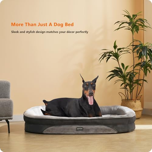 HMTOPE Orthopädisches Hundebett, Hundesofa, Vierseitiges Nackenrolle Kissen, rutschfeste Unterseite Hundekorb, Abnehmbar und Waschbar, Grosse Hunde, 122 x 90 x 19 cm, Hellgrau