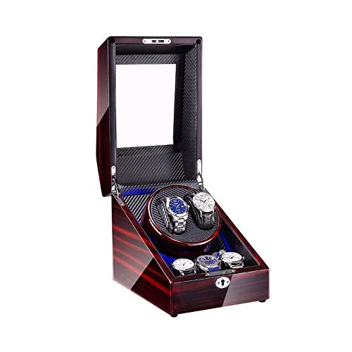 HZH Caixa de enrolador de relógio automático 2+3 com luz LED, casco de madeira e couro de fibra de c