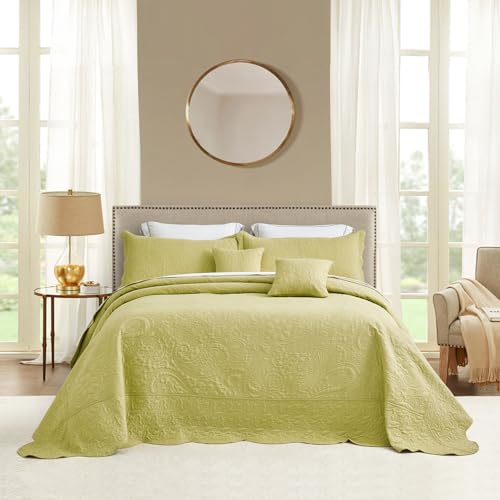 Image of Oversized King Bedspread, Embossed Paisley Quilt Set King /Cal King, Lightweight Reversible Coverlet, Scalloped Edge - Fresh Natural Look, 5 Piece, Leek Green