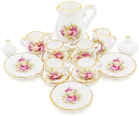 Odoria 1/12 Scale Miniature Porcelain Tea Set 15Pcs Dollhouse Accessories, Pink Rose