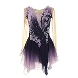 [Kmarouse] 女子フィギュアスケート競技用ドレス、レディース長袖スパークリングラインストーンアイススケートドレス(L)