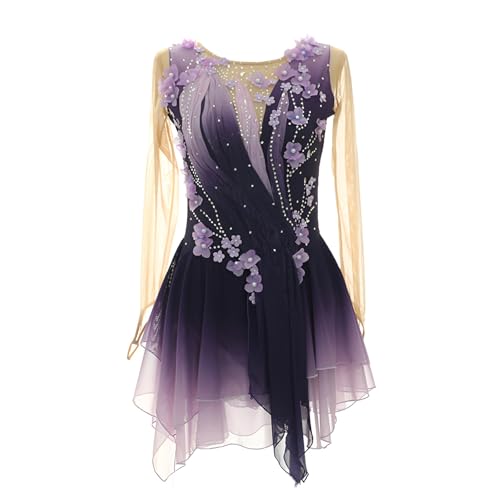 Girl's Figure Skating Dress for Competition, Women's Long Sleeves Sparkling Rhinestones Ice Skating Dress(Medium) Purple