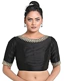 Madhu Fashion Women's Polyester Solid Pattern Embroidered Readymade Saree Blouse (Black; 36)