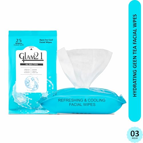 Image of Glam21 Facial Wipes | Super-Soft, Moisturizing & Refreshing | Effectively Cleans Dust, Dirt & Impurities | Gentle Daily Use Makeup Wipes | Pack of 25 PCS- Aqua Ice