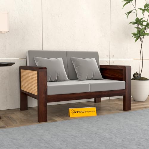 Image of Sheesham Wooden 2 Seater Sofa for Living Room | Solid Wood Sofa with Cane Side Panel | Rosewood Sofa Set for Home & Office | Lounge (Walnut Finish, 2 Seater)