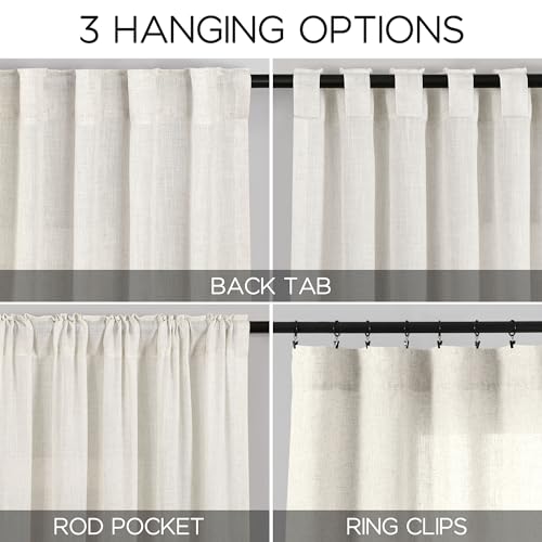 Image of Nanspring Cream Linen Back Tab Curtains 86 Inch Length for Living Room 2 Panel Set Farmhouse Window Semi Sheer Linen Drapes Rustic Pinch Curtain for Bedroom 52X86