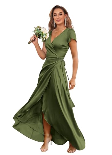 Wrap Satin Bridesmaid Dresses Long Maxi Dress for Women