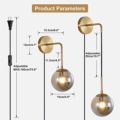 Image of KCO Modern Globe Wall Sconce with Plug in Industrial Vintage Wall Lamp On /Off Switch Adjustable Minimalist 1-Light Mounted Reading Lamps for Bedroom Living Room Corridor(Smoke Gray & 2-Pack)