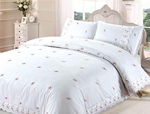 Sophie Parure de lit avec Housse de Couette brodée à Bordure en Dentelle Polycoton Motif Floral Taille Super King